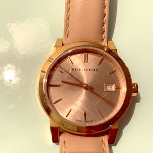 Burberry watch with tan strap, rose gold hardware